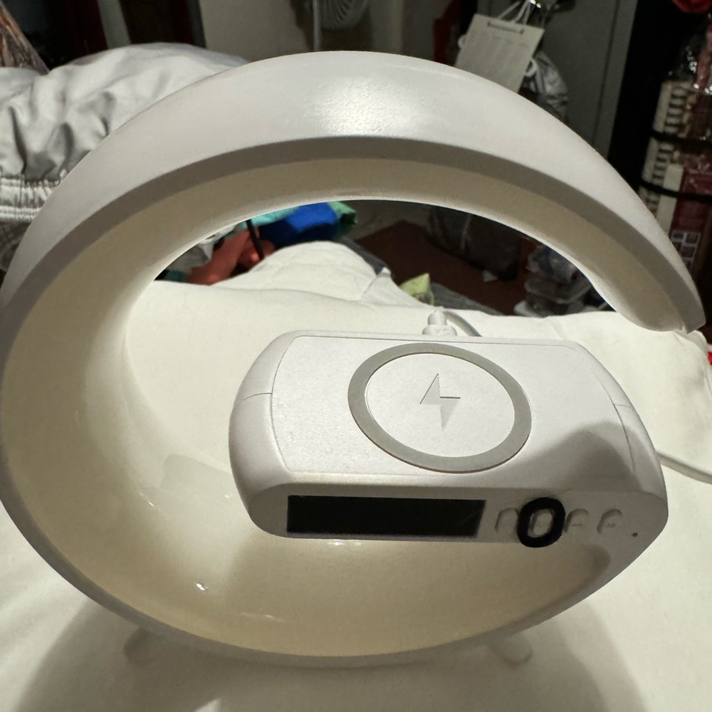 Modern White Crescent Lamp with Wireless Charger and Blue Tooth Speaker